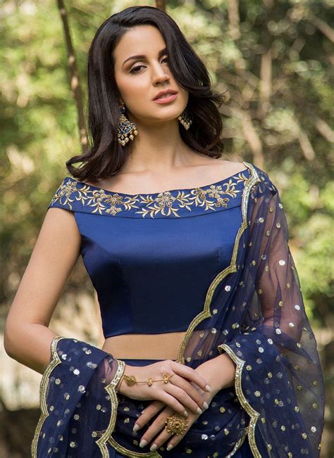 Royal Blue And Gold Embroidered Off Shoulder Lehenga Saree Jacket Designs Fancy Blouse