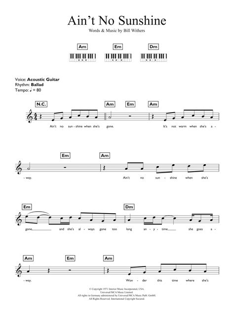 Ain T No Sunshine By Bill Withers Sheet Music For Piano Chords Lyrics