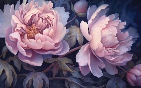 Premium Photo Painting Of Two Pink Peonies With Leaves And Buds On A