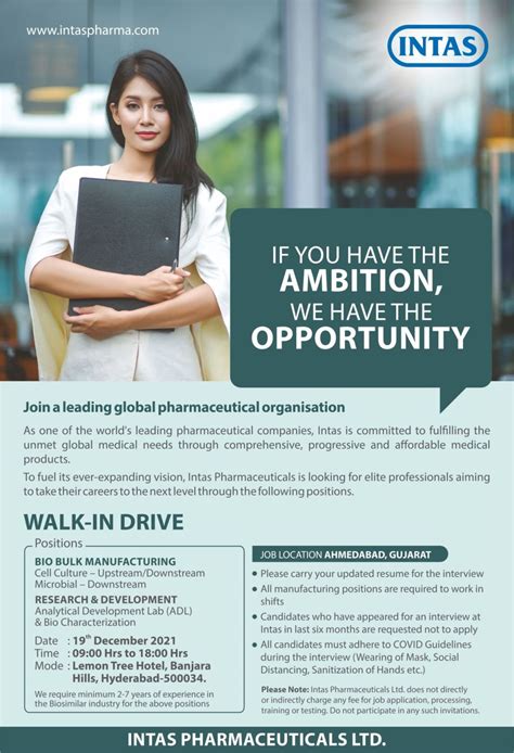 Intas Pharmaceuticals Limited Walk In Interviews