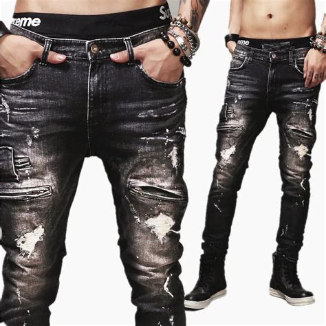 High Quality Mens Ripped Biker Jean Cotton Black Slim Fit