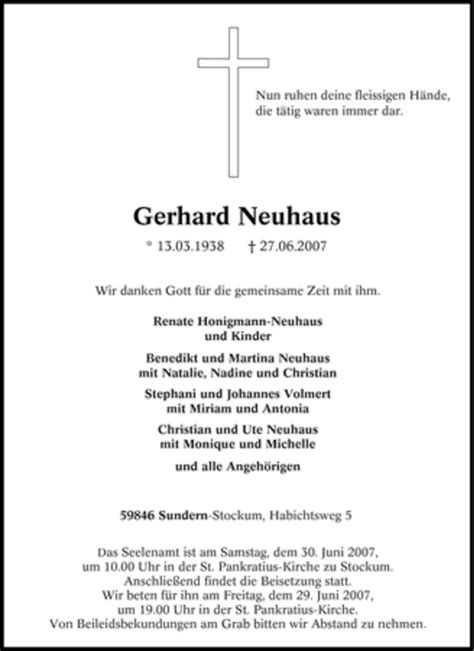 Traueranzeigen Von Gerhard Neuhaus Trauer In Nrw De