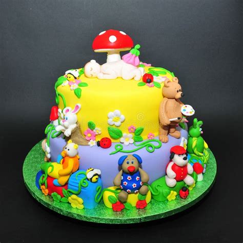 Colorful Fondant Cake with Animals Figurines Stock Image - Image of ...