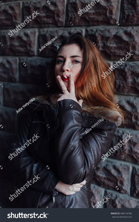 Portrait Beautiful Woman Smoking Warm Leather Stock Photo 408154780