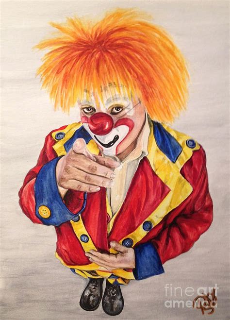 A Drawing Of A Clown With Orange Hair Holding A Red Nose And Wearing A