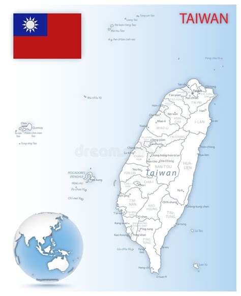 Taiwan Gedetailleerde Administratieve Blauwe Kaart Met Landvlag En