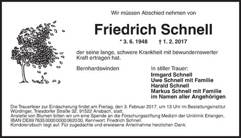 Traueranzeigen Von Friedrich Schnell Trauer Flz De