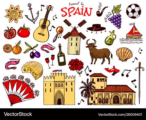 Spanish Traditional Symbols And Objects Set Of Vector Image