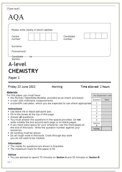 AQA A Level CHEMISTRY 7405 3 Paper 3 With Mark Scheme