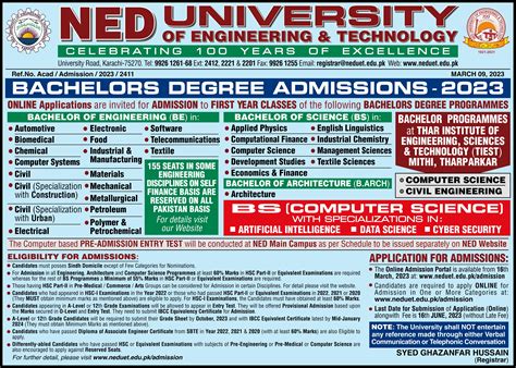 Undergraduate Admissions 2023 Ned University Of Engineering And Technology