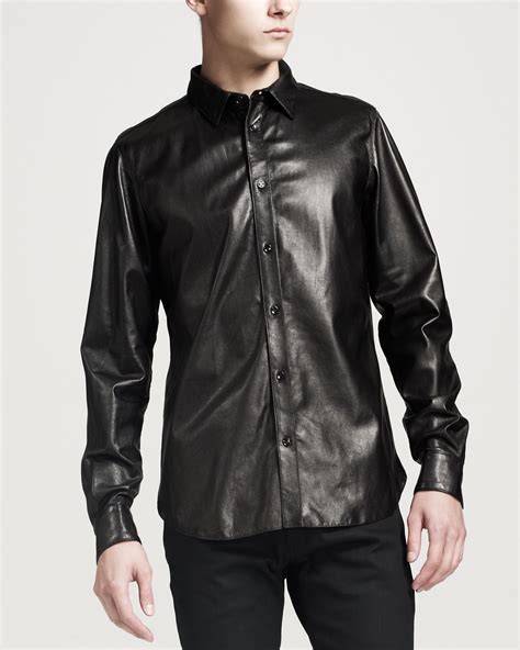 Lyst Saint Laurent Leather Buttondown Shirt Black In Black For Men