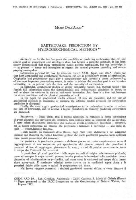 (PDF) EARTHQUAKE PREDICTION BY HYDROGEOCHEMICAL METHODS · EARTHQUAKE ...