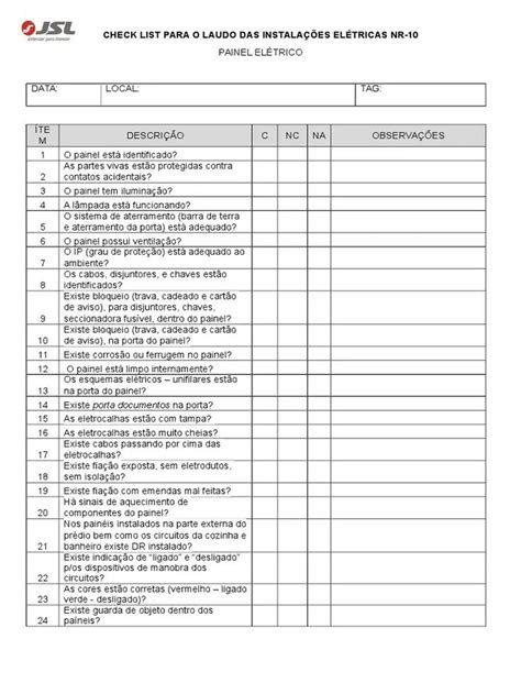 Check List Para Inspe O Em Pain Is El Tricos Seguran A No Trabalho