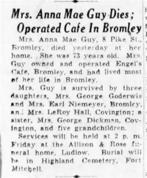 Mrs Anna Mae Guy Obit Bromley Oh Mar 1950 Mother Of Mrs Florence