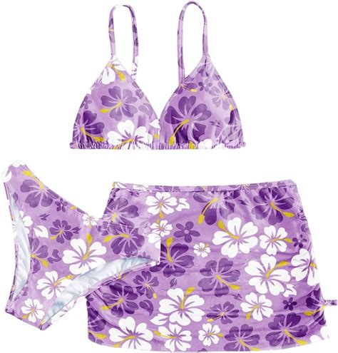 YW Girl S 3 Piece Floral Print Bikini Y2K High Cut Triangle Swimsuit Bathing Suit With Cover Up