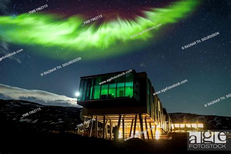 Aurora borealis over Hotel ION, located by Nesjavellir Power Plant, Iceland, Stock Photo ...