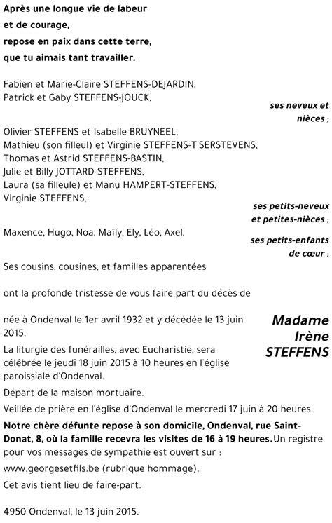 Avis De Décès De Irène Steffens Décédé Le 13062015 à Annonce