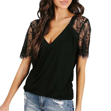 FeiTong Sexy V Neck Patchwork Lace Chiffon Blouse Thirt Women Short