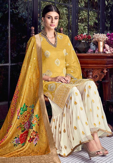 Yellow Silk Embroidered Sharara Suit