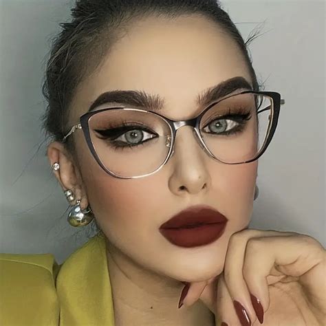 Color Block Cat Eye Metal Frame Clear Lens Glasses Retro Temu