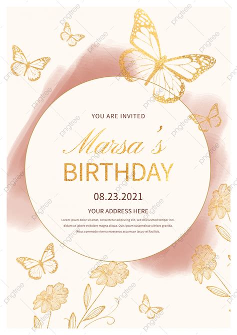 Pink Golden Butterfly Birthday Invitation Greeting Card Template