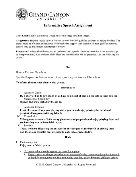 STG 390 Informative Speech Outline Informative Speech Assignment Time