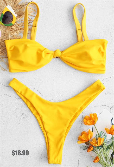 Zaful Knotted Ruched High Leg Bikini Set Bright Yellow High Leg