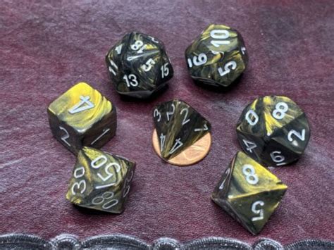 7 Die Dice Polyhedral Set Chessex Leaf Black And Gold With Silver Rpg Gaming Ebay