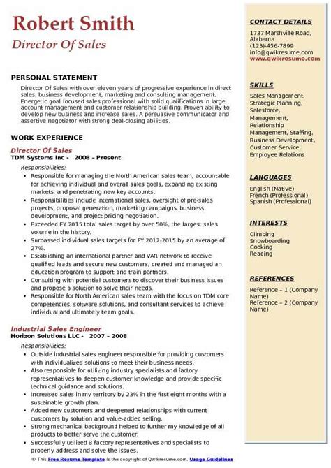 Director Of Sales Resume Samples Qwikresume