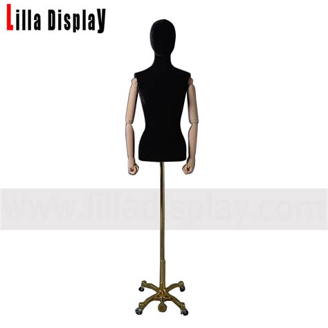 Gold Portable Adjustable Rolling Base Black Velvet Female Dress Form