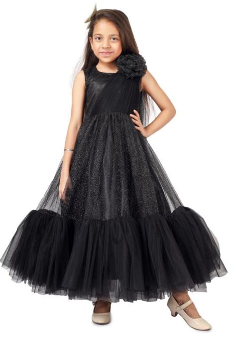 Buy Modish Long Black Partywear Dress For Girls In Shimmer Net And