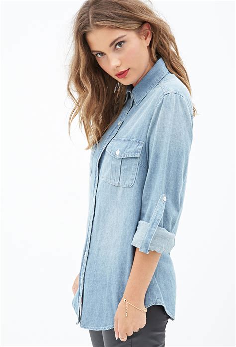 Lyst Forever Collared Chambray Shirt In Blue