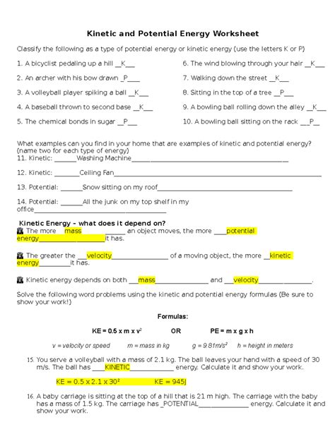 Kinetic And Potential Energy Worksheet Answer Keyk O Kinetic And