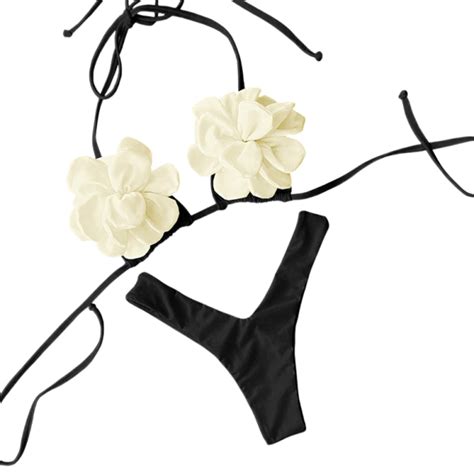 Damskie bikini z topem z motywem kwiatów 3D i stringami Wiązany kąpielówki z motywem kwiatów