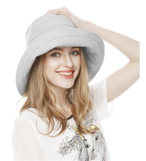 Womens Cotton Big Brim Hat Summer Beach Hat With Fold Up Brim Beige