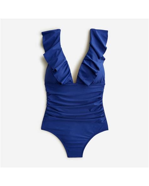 J Crew Ruched Ruffle One Piece Swimsuit In Blue Lyst