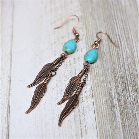 Turquoise Copper Feather Earrings Southwest Copper Turquoise Teardrop