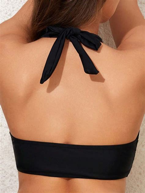Shein Swim Top De Bikini Cruzado Y Tirante Estilo Halter De Unicolor Para Playa En Verano De