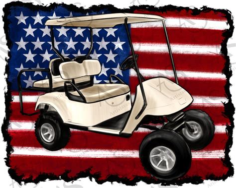 A White Golf Cart With The American Flag In The Background