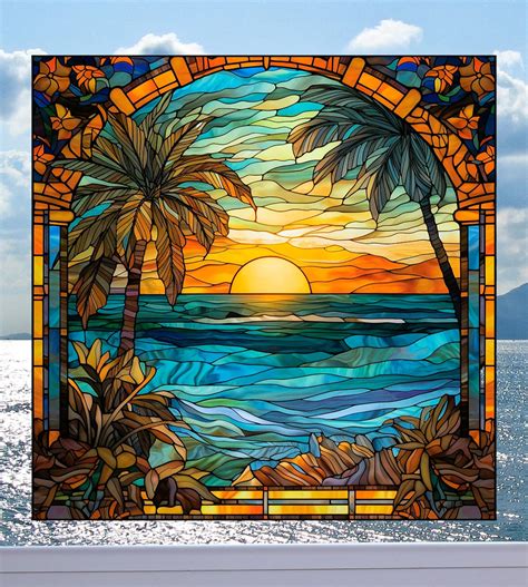 Ocean and Palm Trees WINDOW CLING Faux Stained Glass Sunset Suncatcher ...