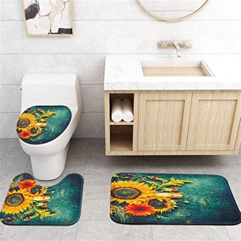 Artsocket 4 Pcs Shower Curtain Set Sunflowers Leaves Marble Summer