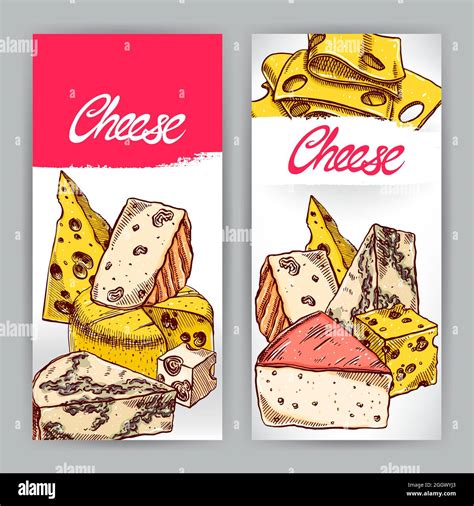 Two Banners With Various Appetizing Cheeses Hand Drawn Illustration