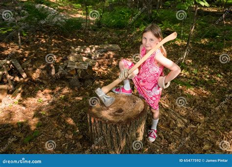 Young Girl With Ax At Chopping Block Stock Photo Image Of Rural