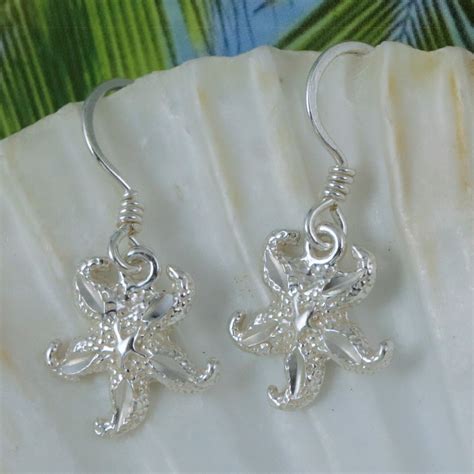 Silver Starfish Earrings Tall Diamond Cut Sterling Starfish