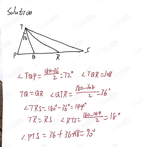 Solved: In the diagram shown PT=QT=QR Also RT=RS and ∠ PTQ=36 What ii ...