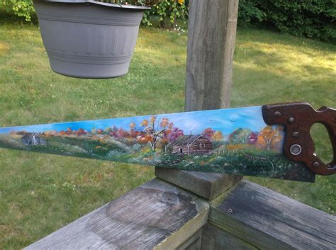 Hand Painted Handsaw Old Cabin In Fall