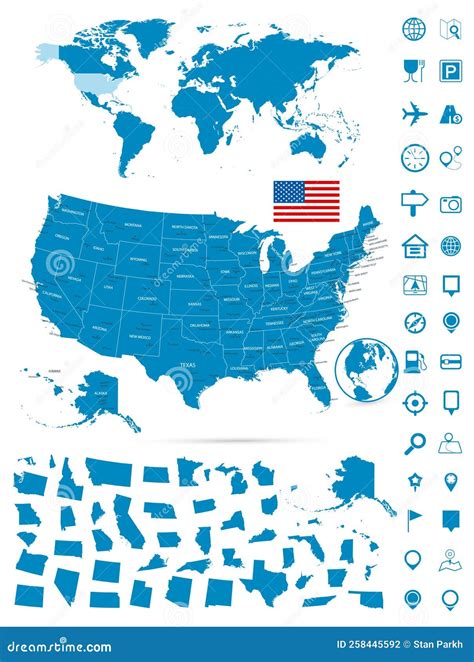 Mapa Pormenorizado Dos Eua E Conjunto De Navegação Do Mapa Mundial
