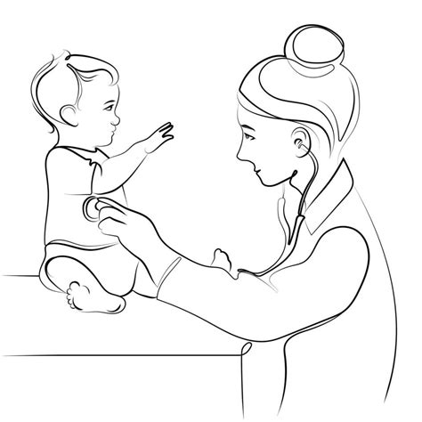 Female Doctor With A Stethoscope Examining A Toddler Line Art Drawing