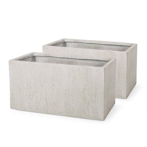 Noble House Bailor Large White Lightweight Concrete Outdoor Rectangular Floor Planter 2 Pack