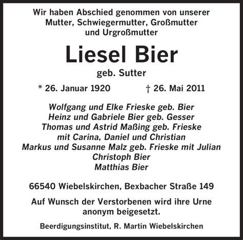 Traueranzeigen Von Liesel Bier Saarbruecker Zeitung Trauer De